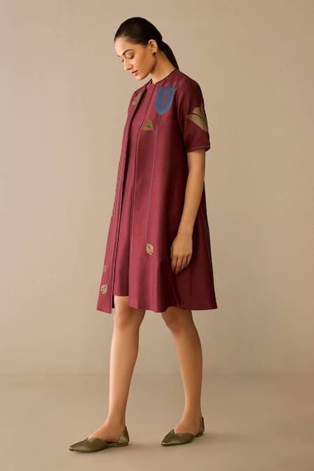 Buy_Ampm_Red Chanderi Embroidery Round Neck Atara Dress With Jacket 