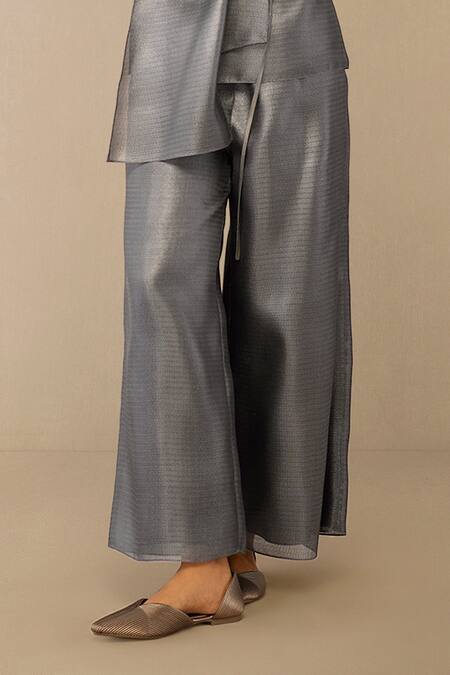 Ampm Gray Shawl Neck Shiri Top And Pant Set Online at Aza Fashions Ampm_Gray Shawl Neck Shiri Top And Pant Set _Online_at_Aza_Fashions