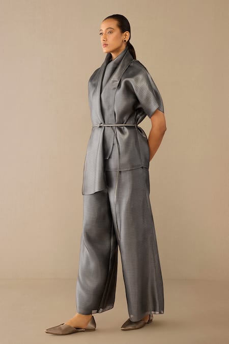 Buy Ampm Gray Shawl Neck Shiri Top And Pant Set Online at Aza Fashions Buy_Ampm_Gray Shawl Neck Shiri Top And Pant Set _Online_at_Aza_Fashions