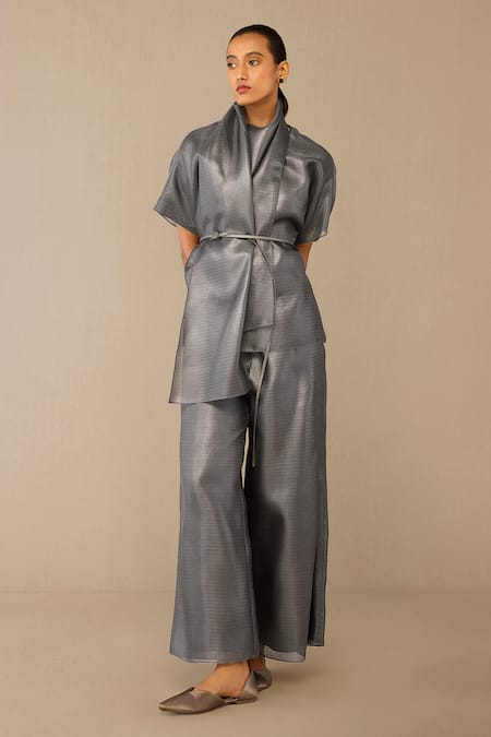 Shop Ampm Gray Shawl Neck Shiri Top And Pant Set Online at Aza Fashions Shop_Ampm_Gray Shawl Neck Shiri Top And Pant Set _Online_at_Aza_Fashions
