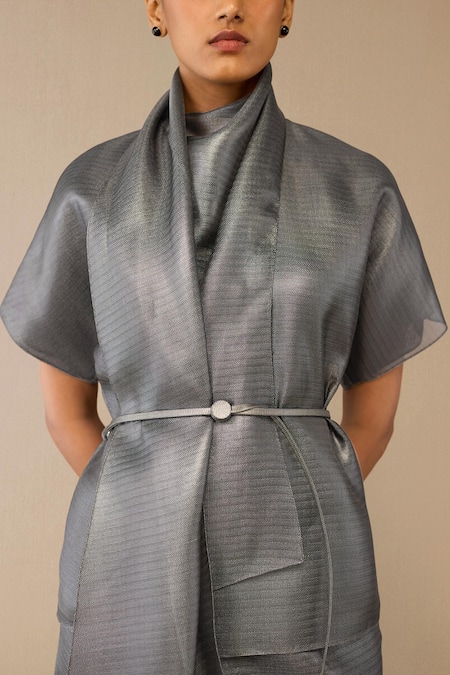 Ampm Gray Shawl Neck Shiri Top And Pant Set at Aza Fashions Ampm_Gray Shawl Neck Shiri Top And Pant Set _at_Aza_Fashions