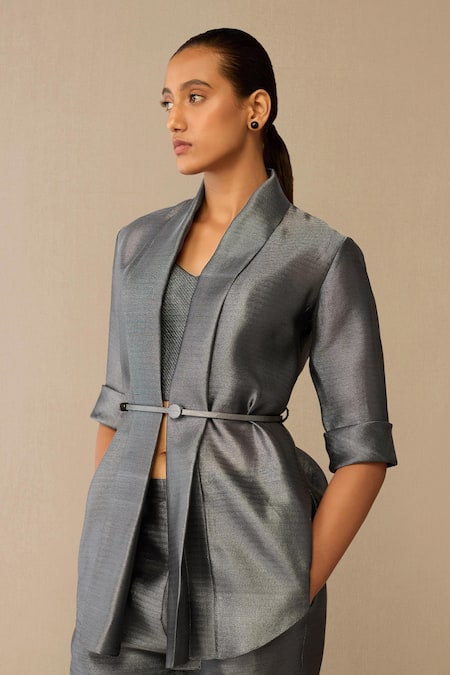 Ampm_Gray Shawl , Round Idalia Cape Pant Set _Online_at_Aza_Fashions