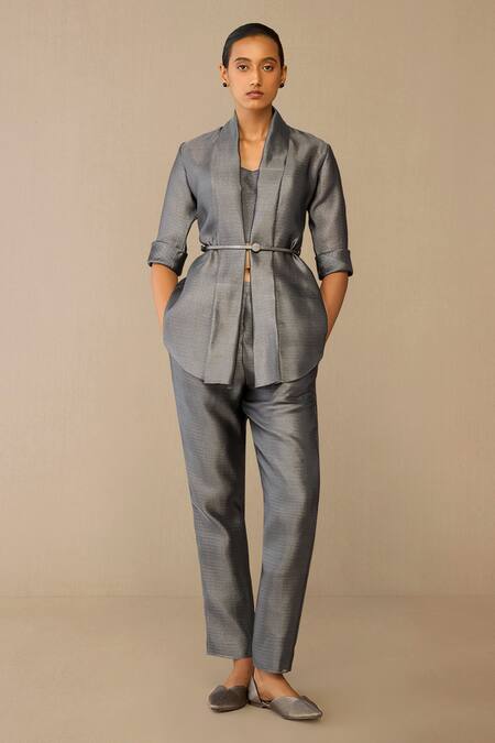 Ampm_Gray Shawl , Round Idalia Cape Pant Set _at_Aza_Fashions