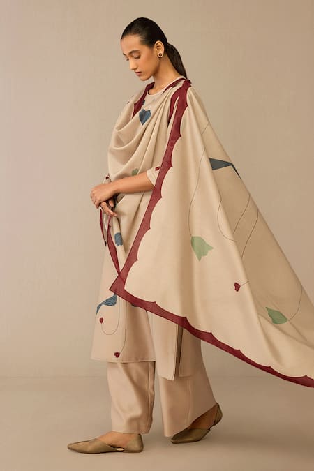 Shop_Ampm_Beige Chanderi Embroidery Round Neck Azran Kurta Set _Online_at_Aza_Fashions
