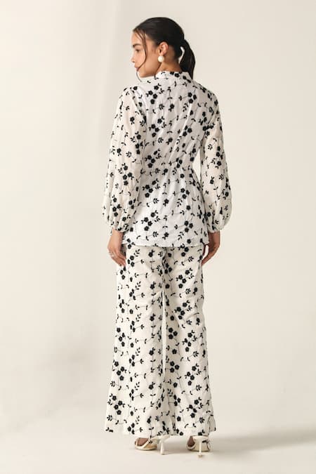 Shop_House Of Zeniaa_White Cotton Embroidery Collared Floral Print Schiffli Sage Set_at_Aza_Fashions