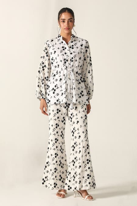 House Of Zeniaa_White Cotton Embroidery Collared Floral Print Schiffli Sage Set_Online_at_Aza_Fashions