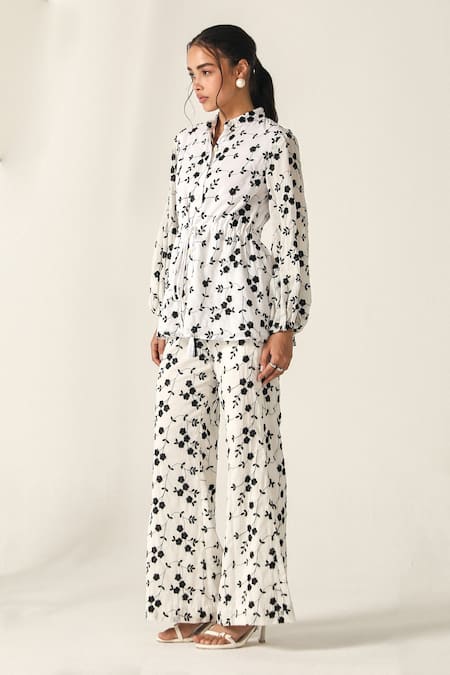 Buy_House Of Zeniaa_White Cotton Embroidery Collared Floral Print Schiffli Sage Set_Online_at_Aza_Fashions