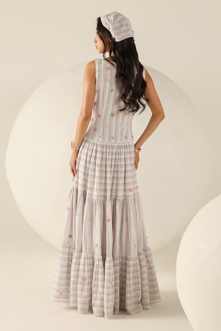 Shop House Of Zeniaa Cotton Fabric Flowers Square Neck Lily Multicolored Tiered Maxi Dress at Aza Fashions Shop_House Of Zeniaa_Cotton Fabric Flowers Square Neck Lily Multicolored Tiered Maxi Dress_at_Aza_Fashions