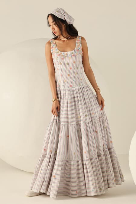 House Of Zeniaa Cotton Fabric Flowers Square Neck Lily Multicolored Tiered Maxi Dress 