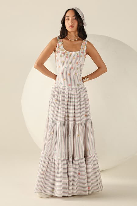 House Of Zeniaa Cotton Fabric Flowers Square Neck Lily Multicolored Tiered Maxi Dress Online at Aza Fashions House Of Zeniaa_Cotton Fabric Flowers Square Neck Lily Multicolored Tiered Maxi Dress_Online_at_Aza_Fashions