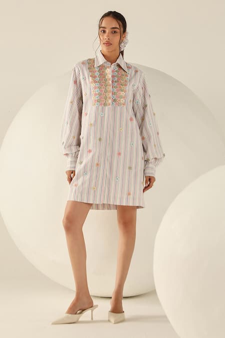 House Of Zeniaa White Cotton Embroidery Collared Stella Multicoloured Striped Shirt Dress 
