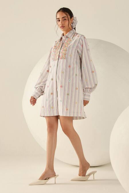House Of Zeniaa_White Cotton Embroidery Collared Stella Multicoloured Striped Shirt Dress_Online_at_Aza_Fashions