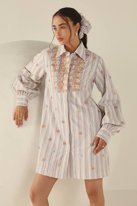 Buy_House Of Zeniaa_White Cotton Embroidery Collared Stella Multicoloured Striped Shirt Dress_Online_at_Aza_Fashions