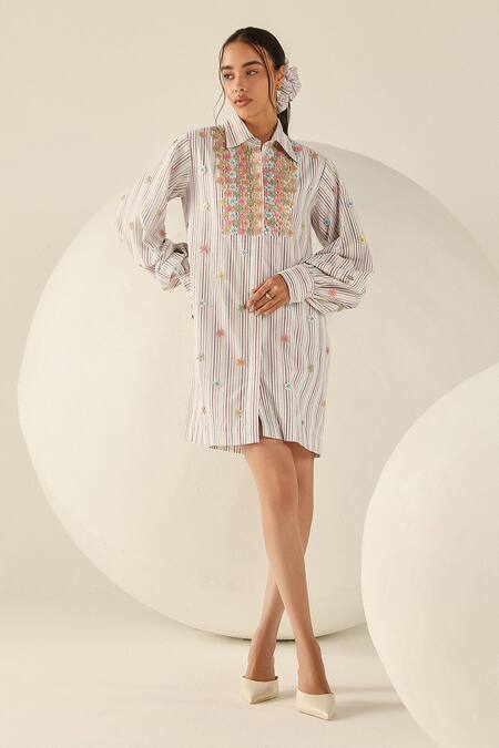 Shop_House Of Zeniaa_White Cotton Embroidery Collared Stella Multicoloured Striped Shirt Dress_Online_at_Aza_Fashions
