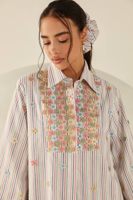 House Of Zeniaa_White Cotton Embroidery Collared Stella Multicoloured Striped Shirt Dress_at_Aza_Fashions