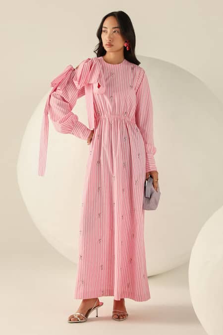 House Of Zeniaa Pink Cotton Sequins Round Neck Amelia Striped Maxi Dress 