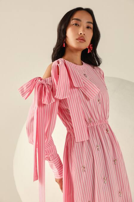 House Of Zeniaa_Pink Cotton Sequins Round Neck Amelia Striped Maxi Dress_Online_at_Aza_Fashions