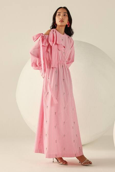 Buy_House Of Zeniaa_Pink Cotton Sequins Round Neck Amelia Striped Maxi Dress_Online_at_Aza_Fashions