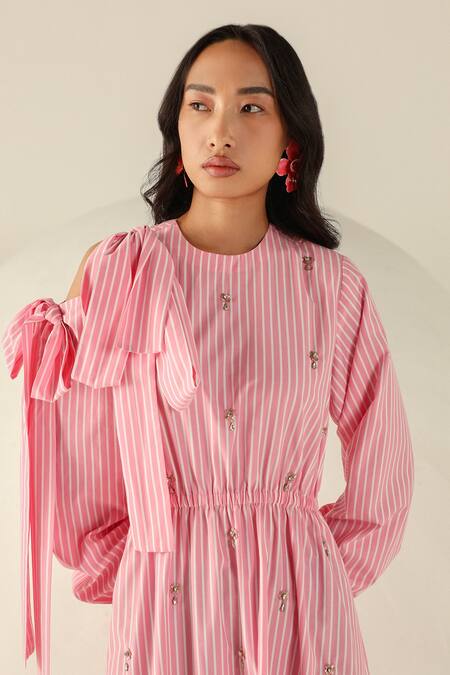 Shop_House Of Zeniaa_Pink Cotton Sequins Round Neck Amelia Striped Maxi Dress_Online_at_Aza_Fashions