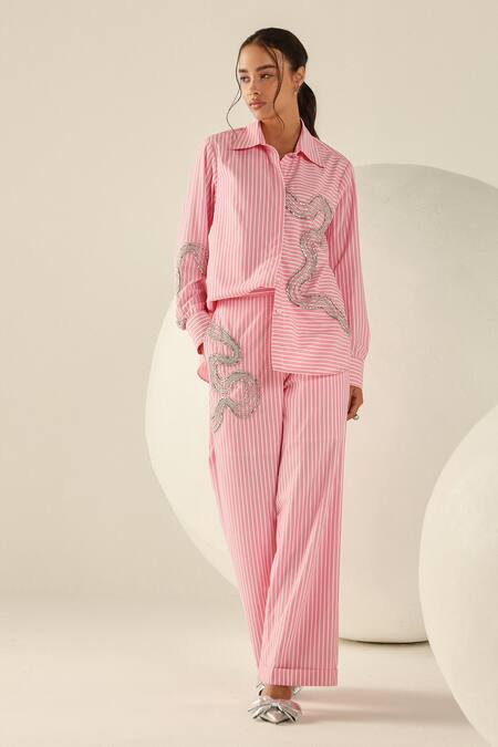 House Of Zeniaa_Pink Cotton Sequins Collared Audrey Striped Button-up Co-ord Set_Online_at_Aza_Fashions