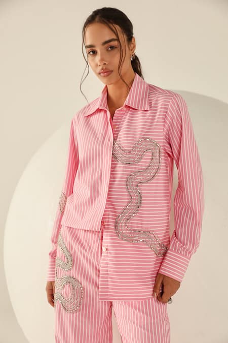 House Of Zeniaa_Pink Cotton Sequins Collared Audrey Striped Button-up Co-ord Set_at_Aza_Fashions