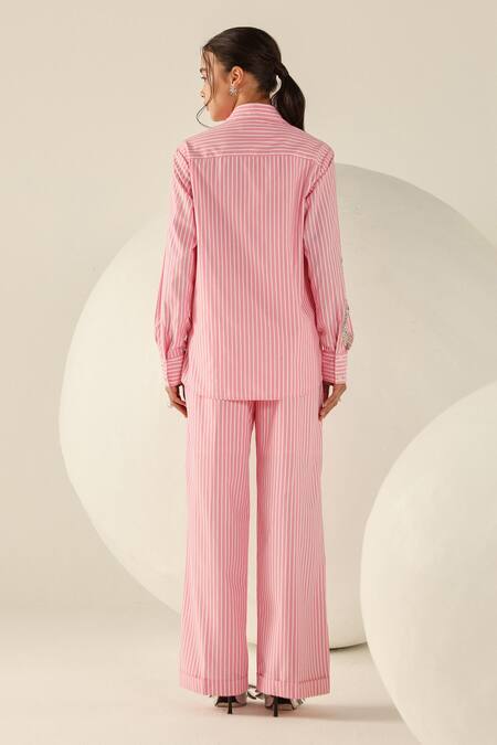 Shop House Of Zeniaa Pink Cotton Beads Collared Audrey Striped Button-up Shirt at Aza Fashions Shop_House Of Zeniaa_Pink Cotton Beads Collared Audrey Striped Button-up Shirt_at_Aza_Fashions