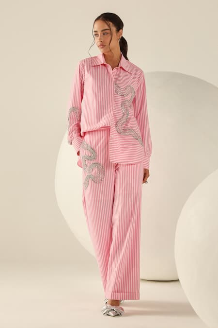 House Of Zeniaa Pink Cotton Beads Collared Audrey Striped Button-up Shirt 