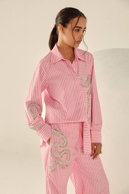 House Of Zeniaa Pink Cotton Beads Collared Audrey Striped Button-up Shirt Online at Aza Fashions House Of Zeniaa_Pink Cotton Beads Collared Audrey Striped Button-up Shirt_Online_at_Aza_Fashions