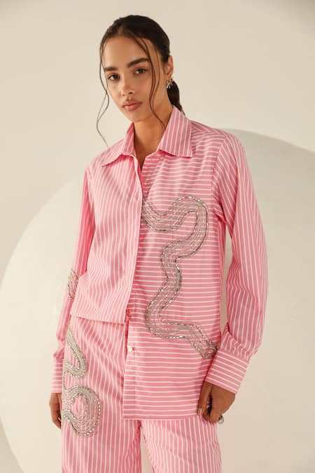 Buy House Of Zeniaa Pink Cotton Beads Collared Audrey Striped Button-up Shirt Buy_House Of Zeniaa_Pink Cotton Beads Collared Audrey Striped Button-up Shirt