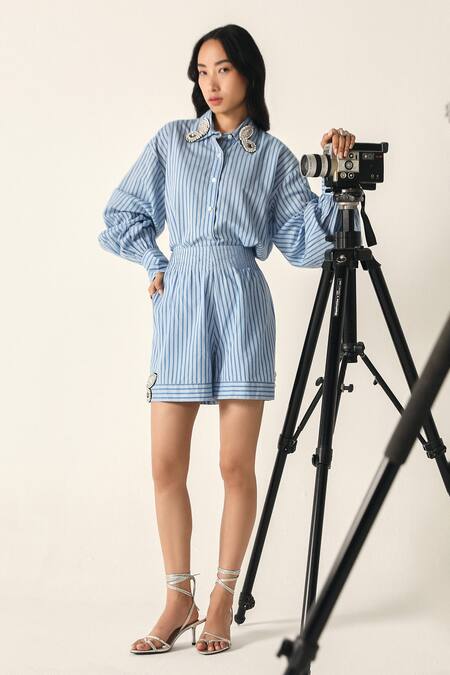 Shop House Of Zeniaa Blue Cotton Collared Daphne Embellished Striped Set at Aza Fashions Shop_House Of Zeniaa_Blue Cotton Collared Daphne Embellished Striped Set_at_Aza_Fashions