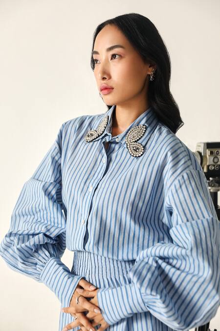 House Of Zeniaa Blue Cotton Collared Daphne Embellished Striped Set at Aza Fashions House Of Zeniaa_Blue Cotton Collared Daphne Embellished Striped Set_at_Aza_Fashions