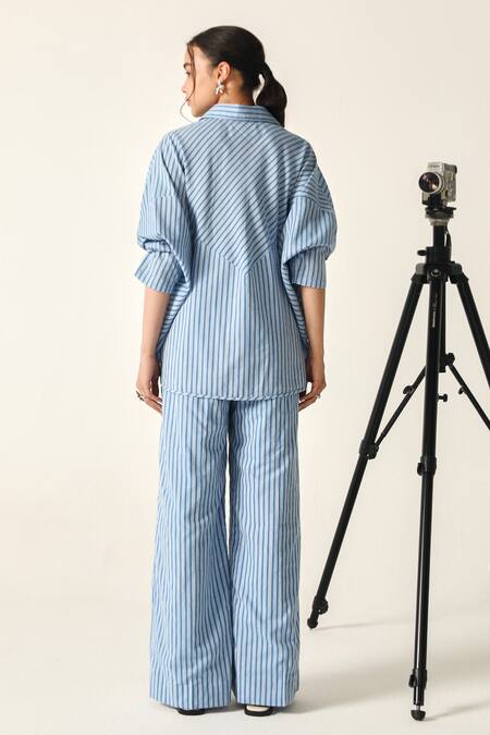 Shop House Of Zeniaa Blue Cotton Collared Sophia Striped Co-ord Set at Aza Fashions Shop_House Of Zeniaa_Blue Cotton Collared Sophia Striped Co-ord Set_at_Aza_Fashions