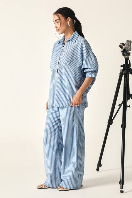 House Of Zeniaa Blue Cotton Collared Sophia Striped Co-ord Set Online at Aza Fashions House Of Zeniaa_Blue Cotton Collared Sophia Striped Co-ord Set_Online_at_Aza_Fashions