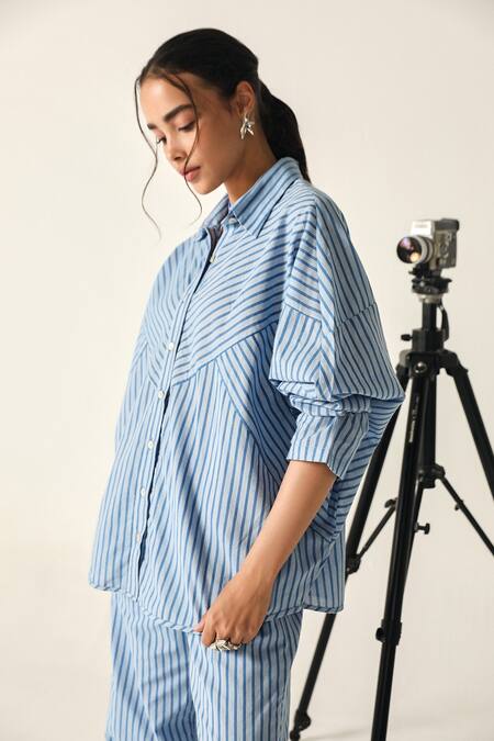 Buy House Of Zeniaa Blue Cotton Collared Sophia Striped Co-ord Set Online at Aza Fashions Buy_House Of Zeniaa_Blue Cotton Collared Sophia Striped Co-ord Set_Online_at_Aza_Fashions