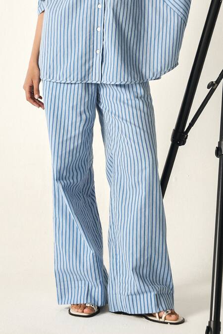 House Of Zeniaa_Blue Cotton Collared Sophia Chevron Panel Striped Shirt_Online_at_Aza_Fashions