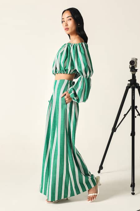 House Of Zeniaa_Green Cotton Off-shoulder Striped Willow Set_Online_at_Aza_Fashions
