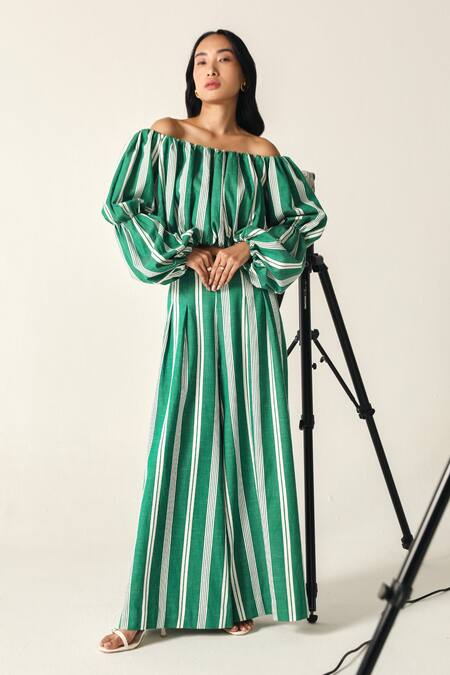 Buy_House Of Zeniaa_Green Cotton Off-shoulder Striped Willow Set_Online_at_Aza_Fashions