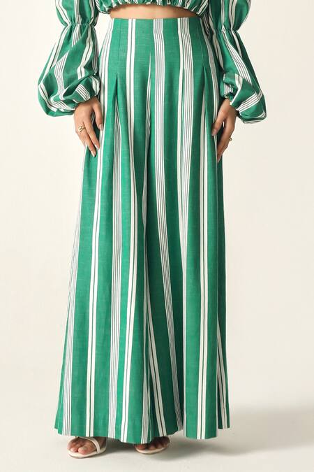 Buy_House Of Zeniaa_Green Cotton Off-shoulder Willow Striped Crop Top_Online_at_Aza_Fashions