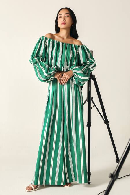 Shop_House Of Zeniaa_Green Cotton Off-shoulder Willow Striped Crop Top_Online_at_Aza_Fashions