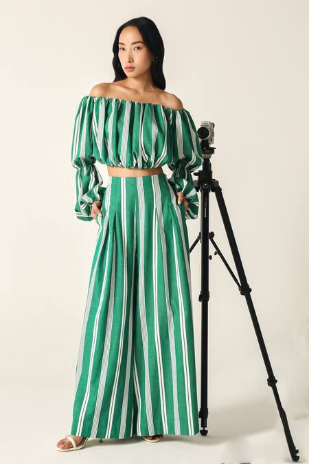House Of Zeniaa_Green Cotton Off-shoulder Willow Striped Crop Top_at_Aza_Fashions