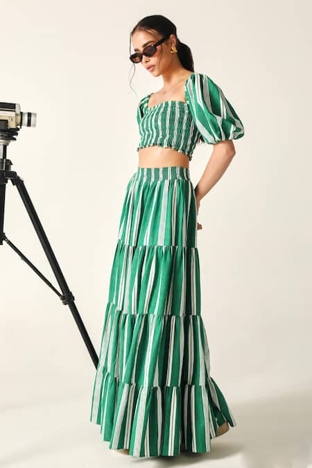 House Of Zeniaa Green Cotton Square Neck Hazel Striped Crop Top And Maxi Skirt Set Online at Aza Fashions House Of Zeniaa_Green Cotton Square Neck Hazel Striped Crop Top And Maxi Skirt Set_Online_at_Aza_Fashions