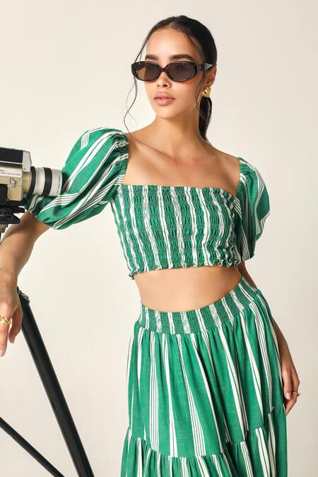 Shop House Of Zeniaa Green Cotton Square Neck Hazel Striped Crop Top And Maxi Skirt Set Online at Aza Fashions Shop_House Of Zeniaa_Green Cotton Square Neck Hazel Striped Crop Top And Maxi Skirt Set_Online_at_Aza_Fashions