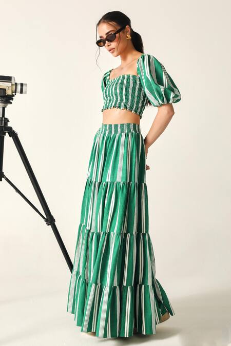 Buy House Of Zeniaa Green Cotton Square Neck Hazel Striped Smocked Crop Top Online at Aza Fashions Buy_House Of Zeniaa_Green Cotton Square Neck Hazel Striped Smocked Crop Top_Online_at_Aza_Fashions