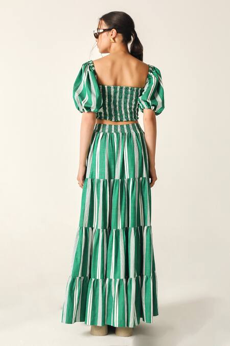 Shop House Of Zeniaa Green Cotton Square Neck Hazel Striped Smocked Crop Top at Aza Fashions Shop_House Of Zeniaa_Green Cotton Square Neck Hazel Striped Smocked Crop Top_at_Aza_Fashions