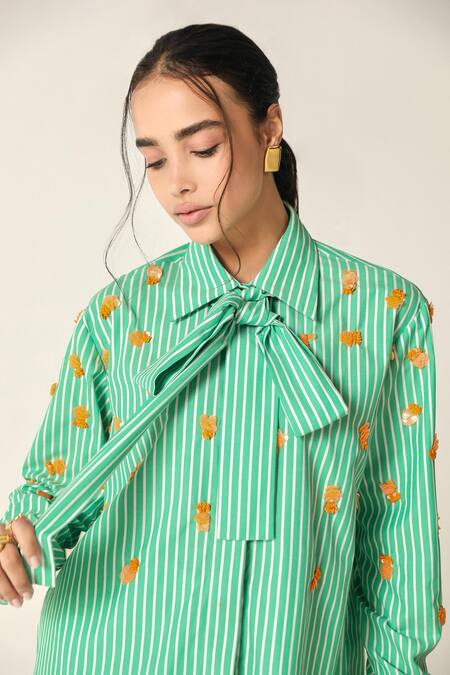 Buy_House Of Zeniaa_Green Cotton Embroidery Collared Ava Mint Striped Bow Tie Shirt_Online_at_Aza_Fashions