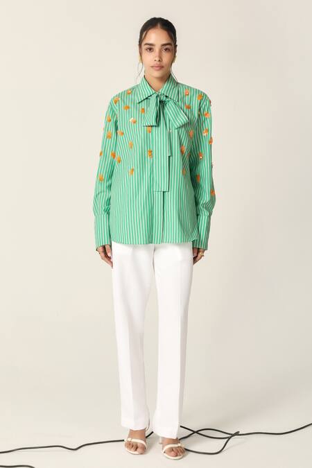 Shop_House Of Zeniaa_Green Cotton Embroidery Collared Ava Mint Striped Bow Tie Shirt_Online_at_Aza_Fashions