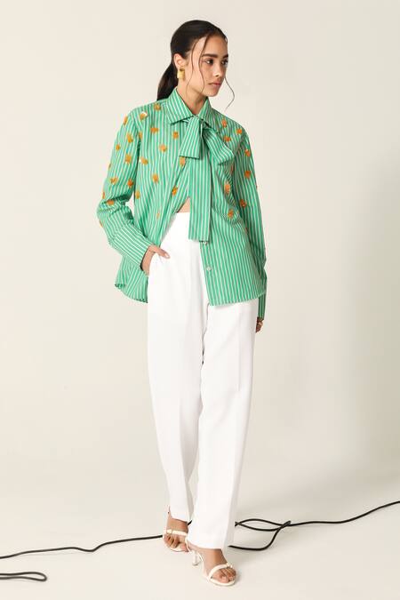 House Of Zeniaa_Green Cotton Embroidery Collared Ava Mint Striped Bow Tie Shirt_at_Aza_Fashions