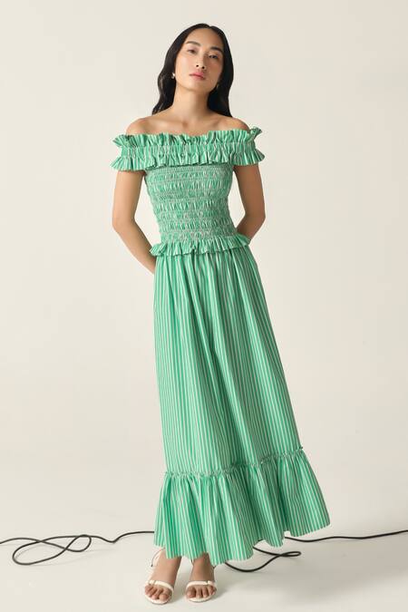 House Of Zeniaa_Green Cotton Ruffles Off-shoulder Pastel Striped Smocked Donna Dress_Online_at_Aza_Fashions