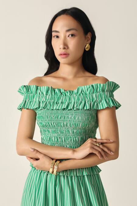 Buy_House Of Zeniaa_Green Cotton Ruffles Off-shoulder Pastel Striped Smocked Donna Dress_Online_at_Aza_Fashions