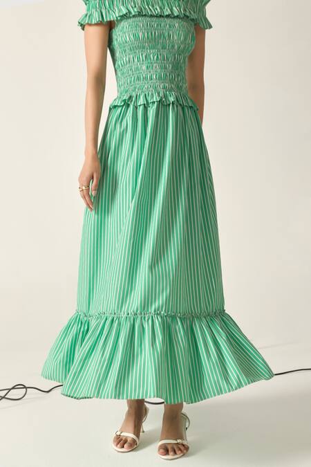 Shop_House Of Zeniaa_Green Cotton Ruffles Off-shoulder Pastel Striped Smocked Donna Dress_Online_at_Aza_Fashions